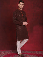Jompers Men's Sequins Chikankari Embroidered Kurta with Pyjama - Orange | Grocsy