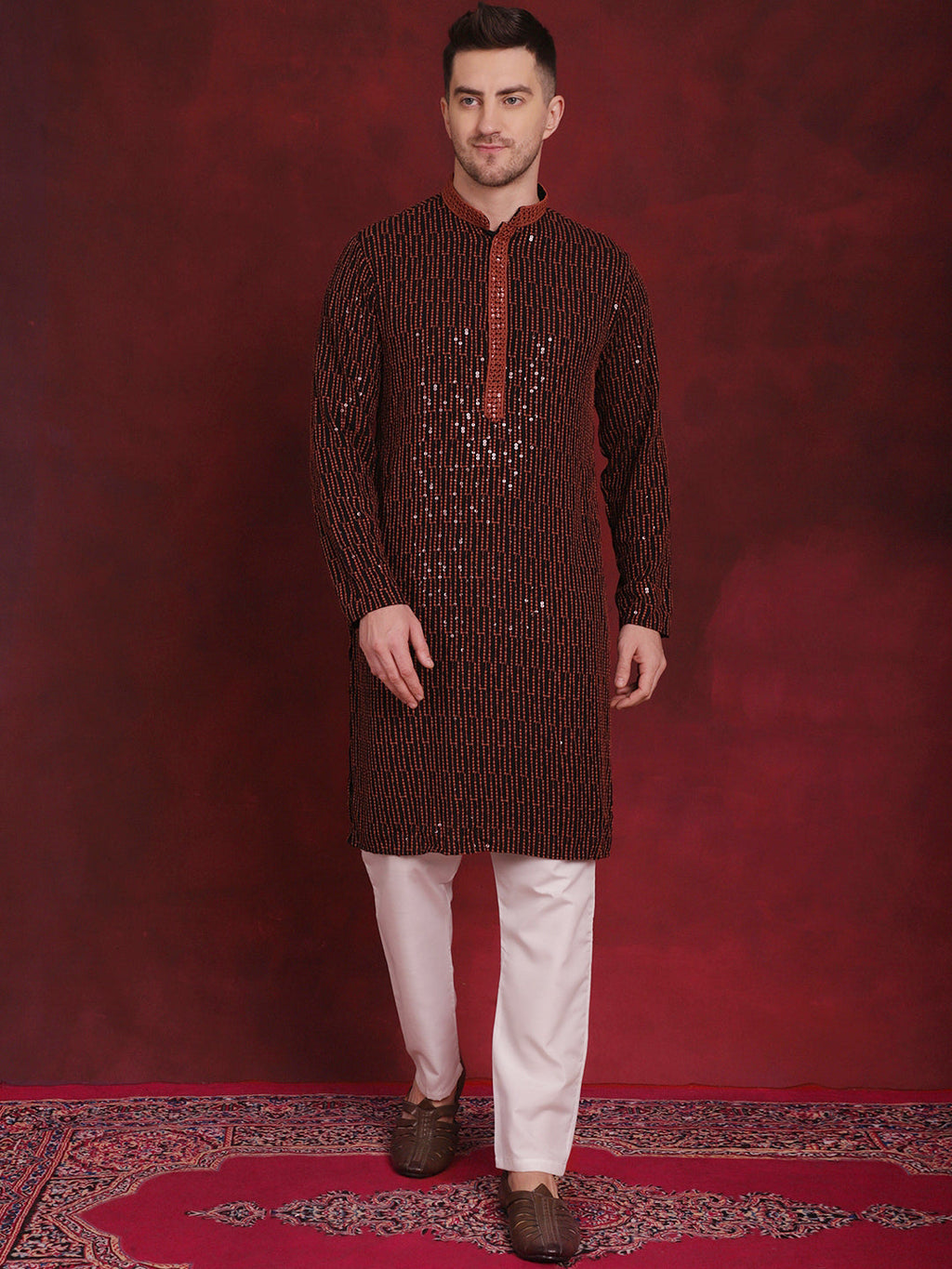 Jompers Men's Sequins Chikankari Embroidered Kurta with Pyjama - Orange | Grocsy