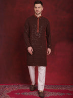 Jompers Men's Sequins Chikankari Embroidered Kurta with Pyjama - Orange | Grocsy