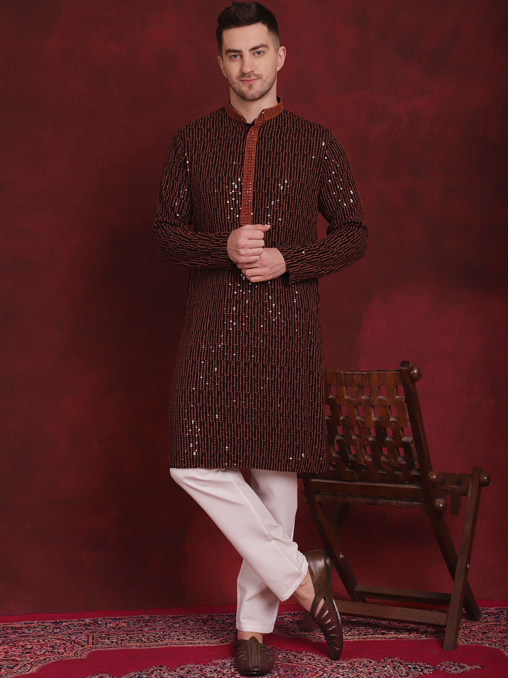Jompers Men's Sequins Chikankari Embroidered Kurta with Pyjama - Orange | Grocsy