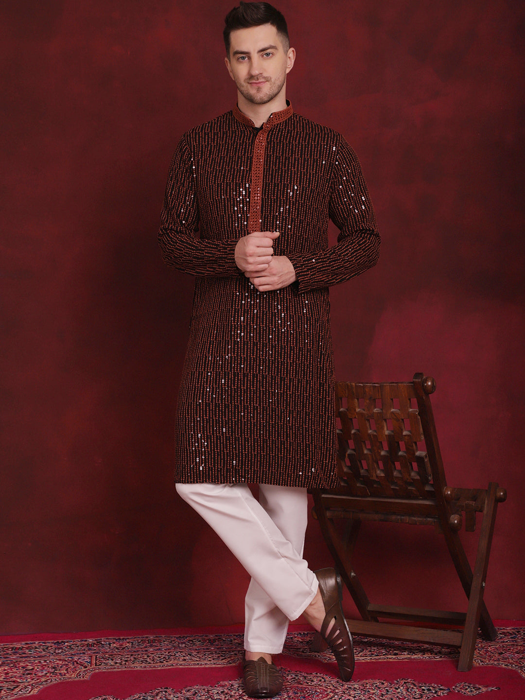 Jompers Men's Sequins Chikankari Embroidered Kurta with Pyjama - Orange | Grocsy