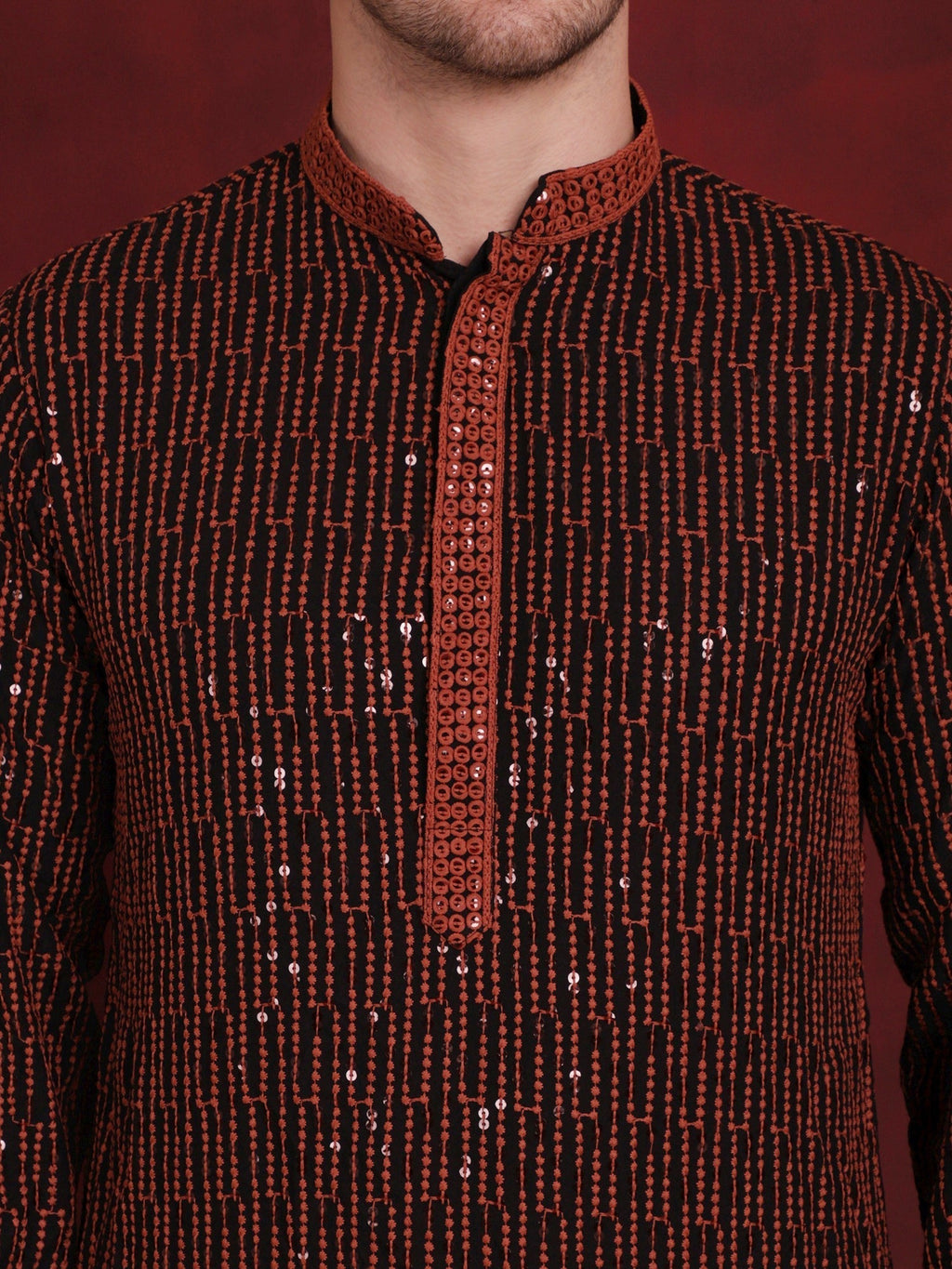 Jompers Men's Sequins Chikankari Embroidered Kurta with Pyjama - Orange | Grocsy