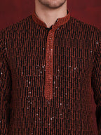 Jompers Men's Sequins Chikankari Embroidered Kurta with Pyjama - Orange | Grocsy