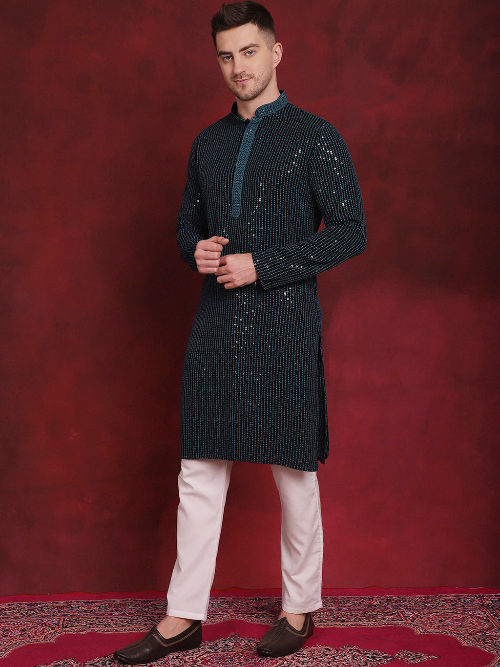 Jompers Men's Sequins Chikankari Embroidered Kurta with Pyjama - Peacock | Grocsy