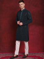 Jompers Men's Sequins Chikankari Embroidered Kurta with Pyjama - Peacock | Grocsy