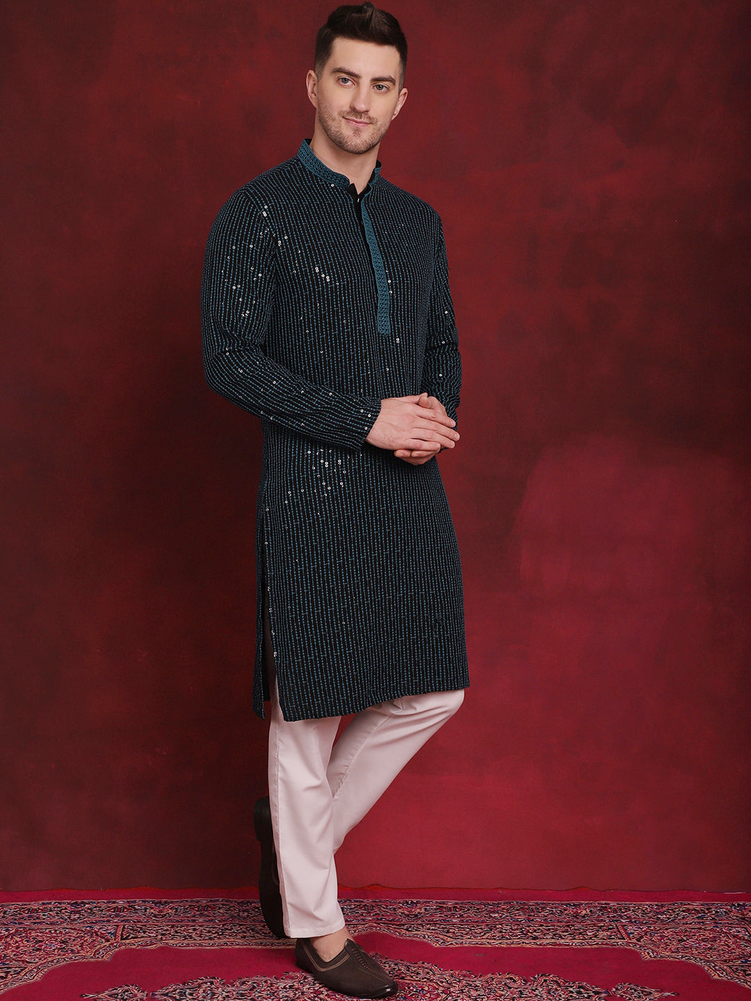 Jompers Men's Sequins Chikankari Embroidered Kurta with Pyjama - Peacock | Grocsy