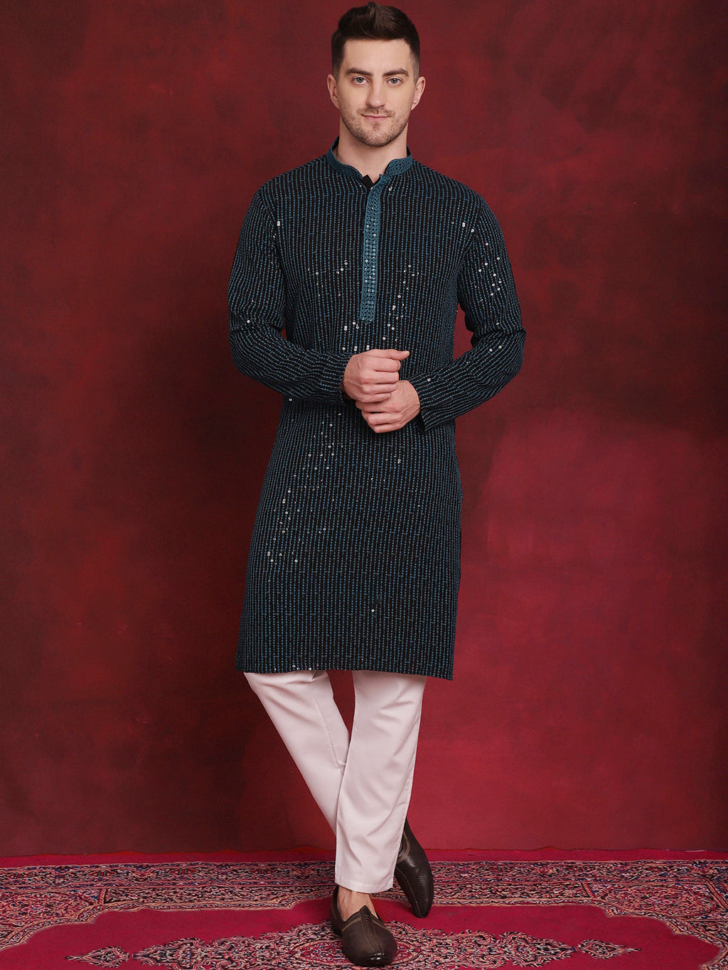 Jompers Men's Sequins Chikankari Embroidered Kurta with Pyjama - Peacock | Grocsy