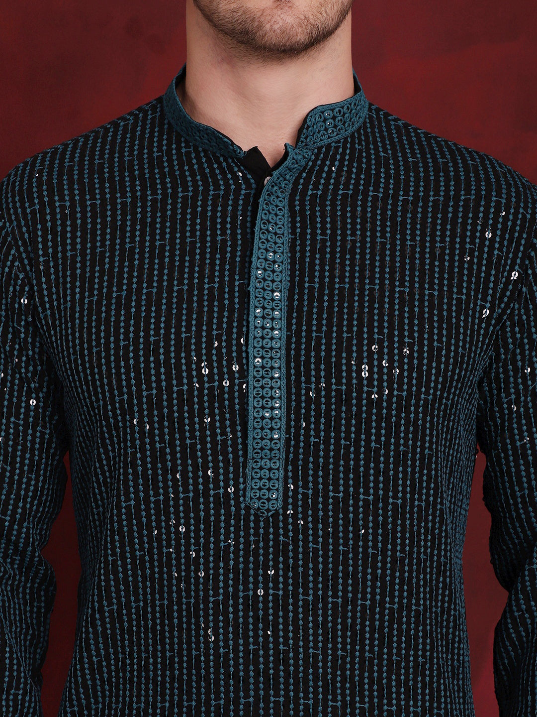 Jompers Men's Sequins Chikankari Embroidered Kurta with Pyjama - Peacock | Grocsy