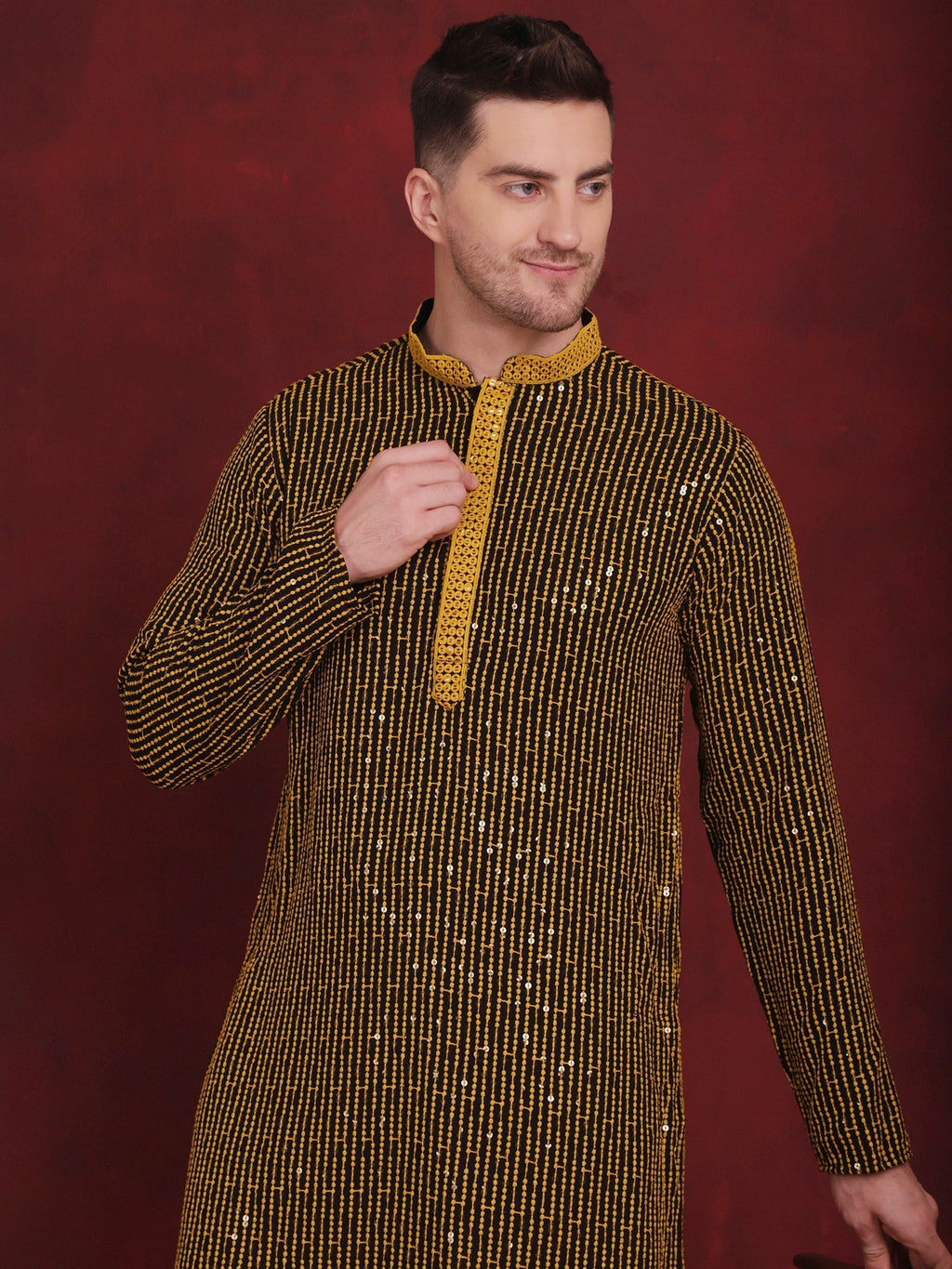 Jompers Men's Sequins Chikankari Embroidered Kurta with Pyjama - Yellow | Grocsy