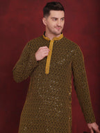 Jompers Men's Sequins Chikankari Embroidered Kurta with Pyjama - Yellow | Grocsy
