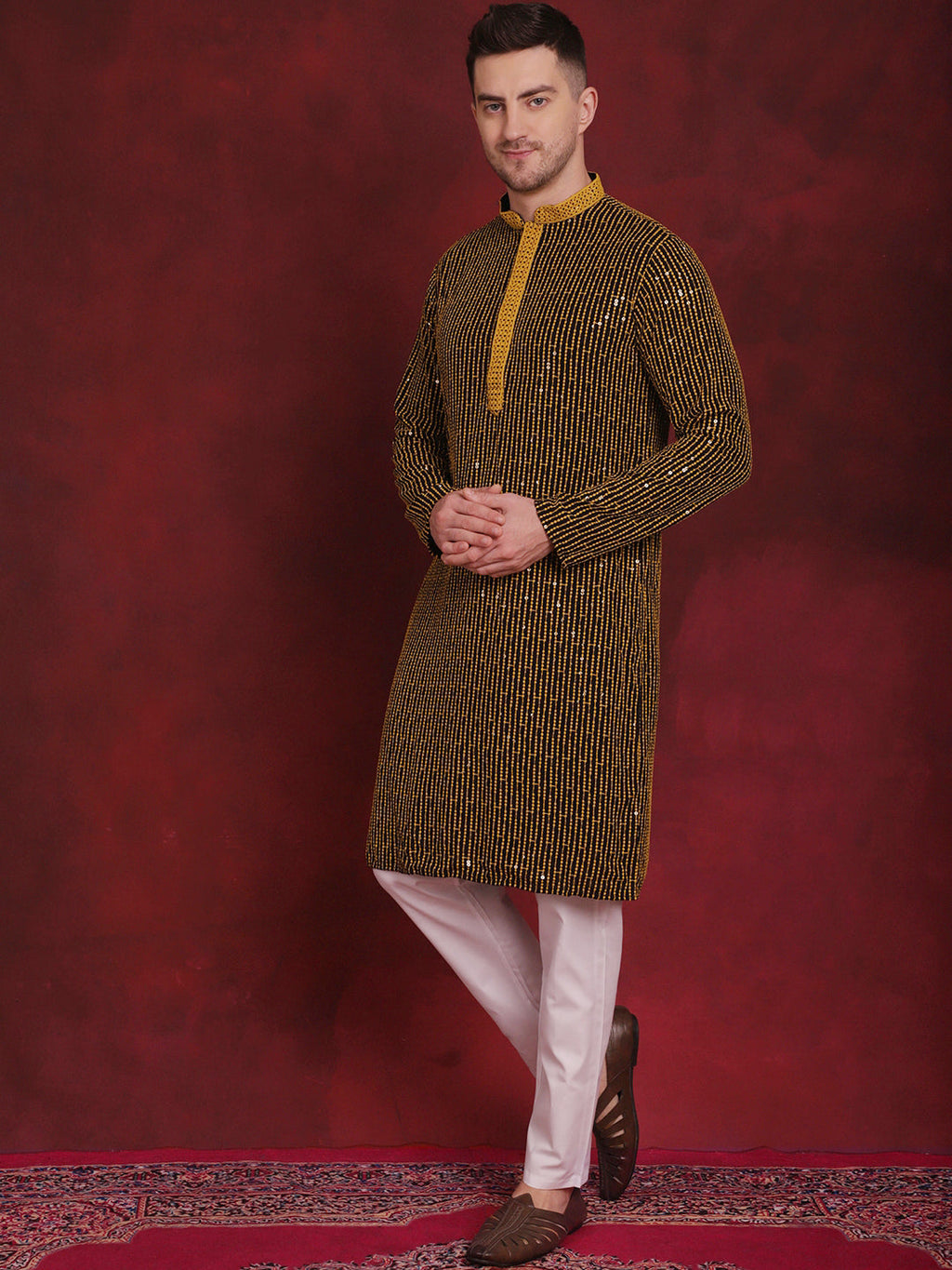Jompers Men's Sequins Chikankari Embroidered Kurta with Pyjama - Yellow | Grocsy