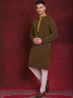 Jompers Men's Sequins Chikankari Embroidered Kurta with Pyjama - Yellow | Grocsy