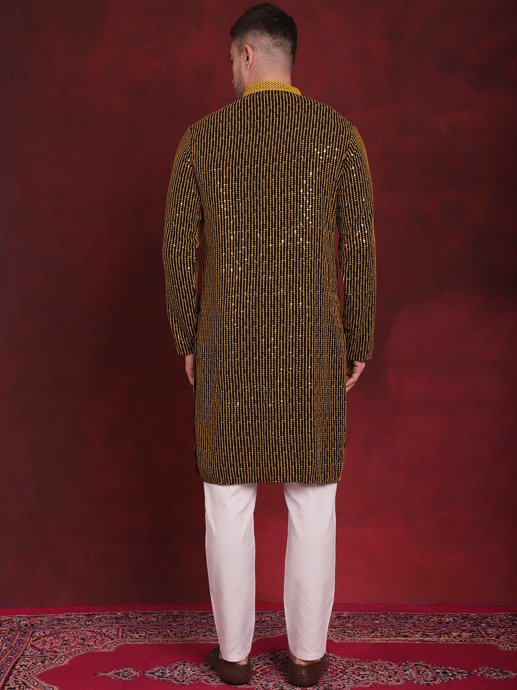 Jompers Men's Sequins Chikankari Embroidered Kurta with Pyjama - Yellow | Grocsy