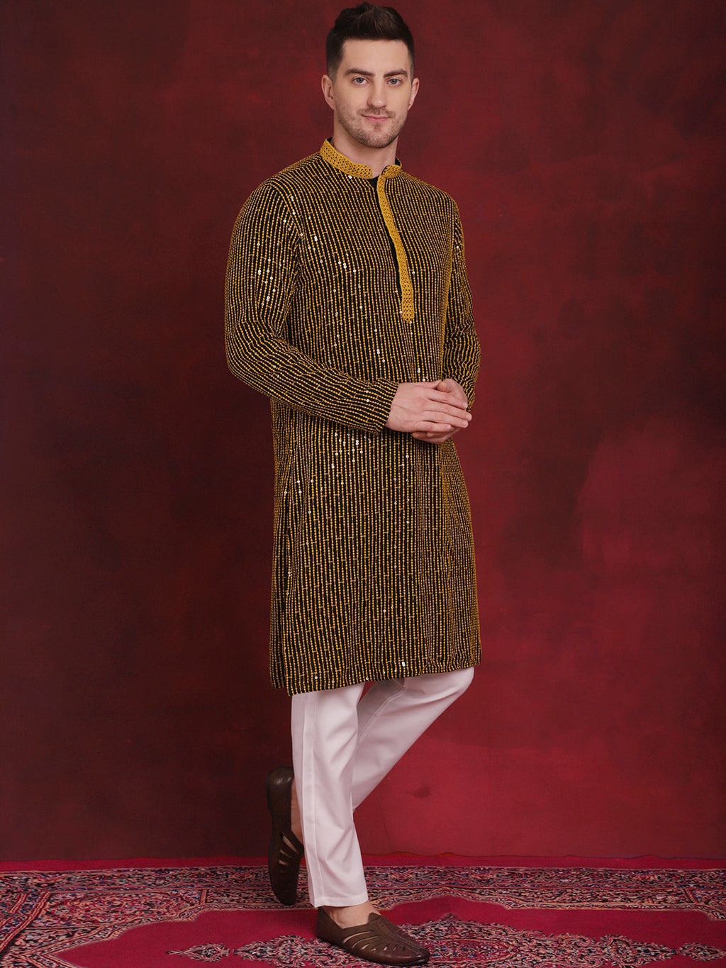 Jompers Men's Sequins Chikankari Embroidered Kurta with Pyjama - Yellow | Grocsy