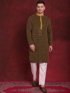Jompers Men's Sequins Chikankari Embroidered Kurta with Pyjama - Yellow | Grocsy