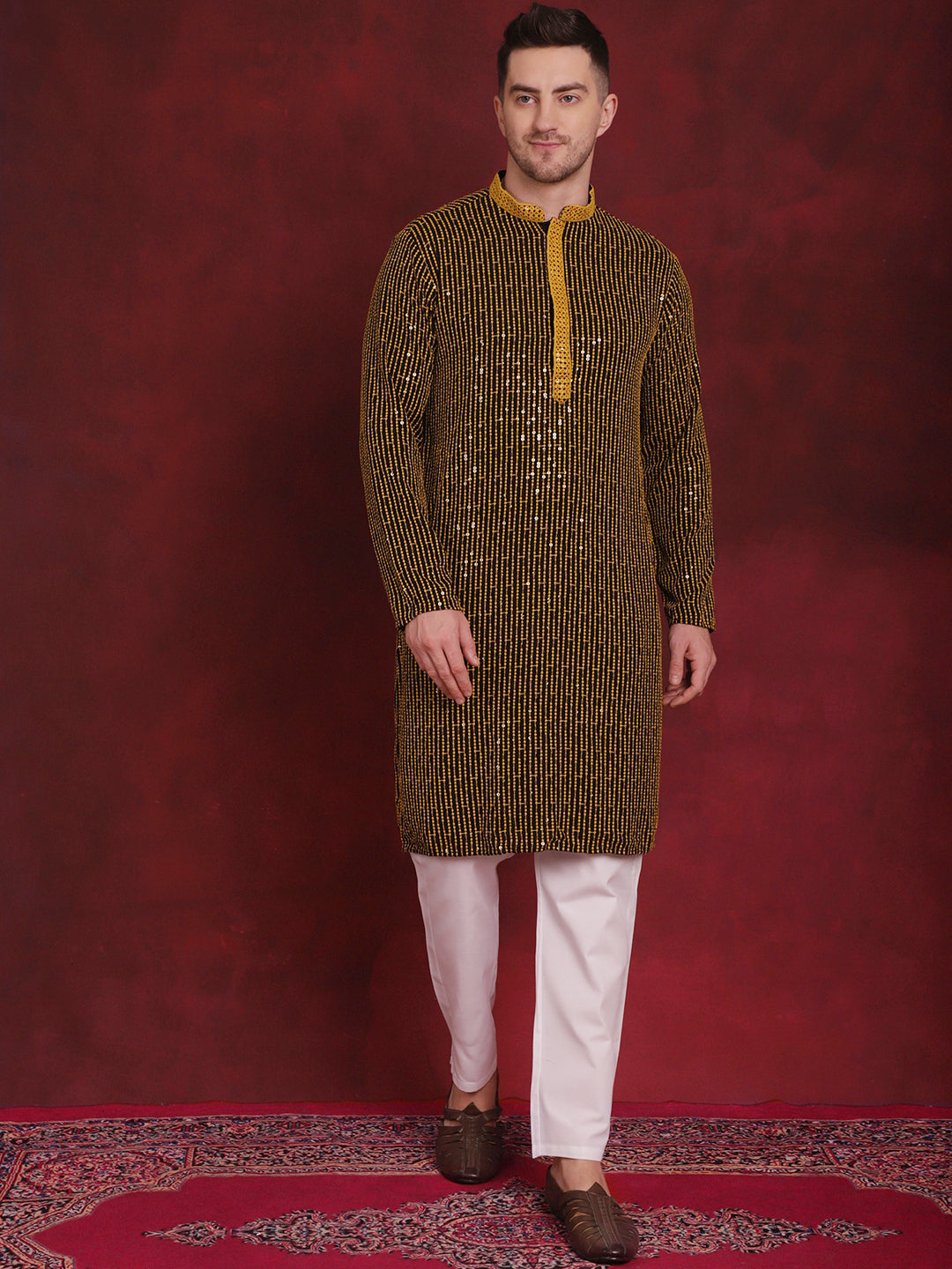 Jompers Men's Sequins Chikankari Embroidered Kurta with Pyjama - Yellow | Grocsy