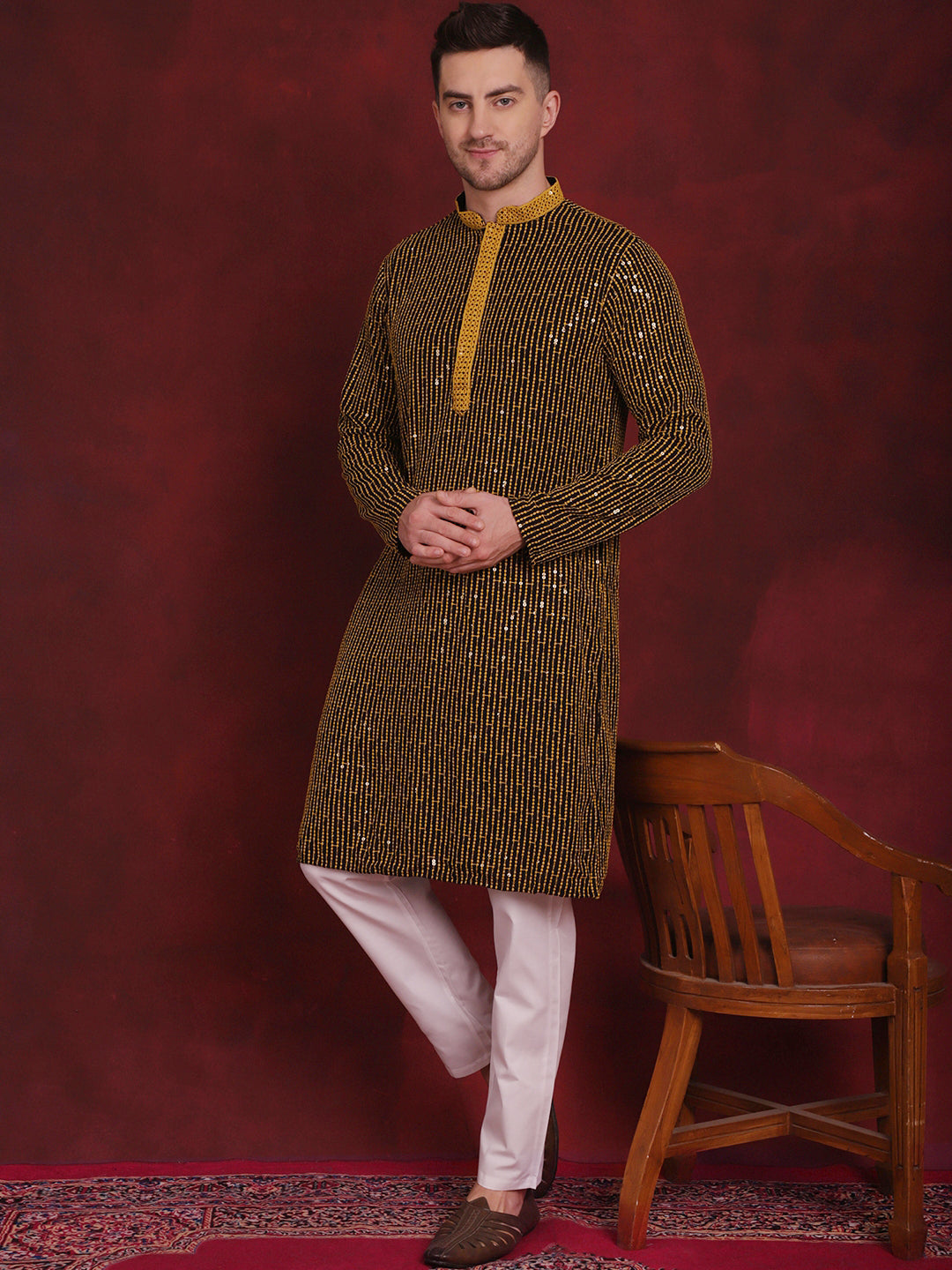 Jompers Men's Sequins Chikankari Embroidered Kurta with Pyjama - Yellow | Grocsy