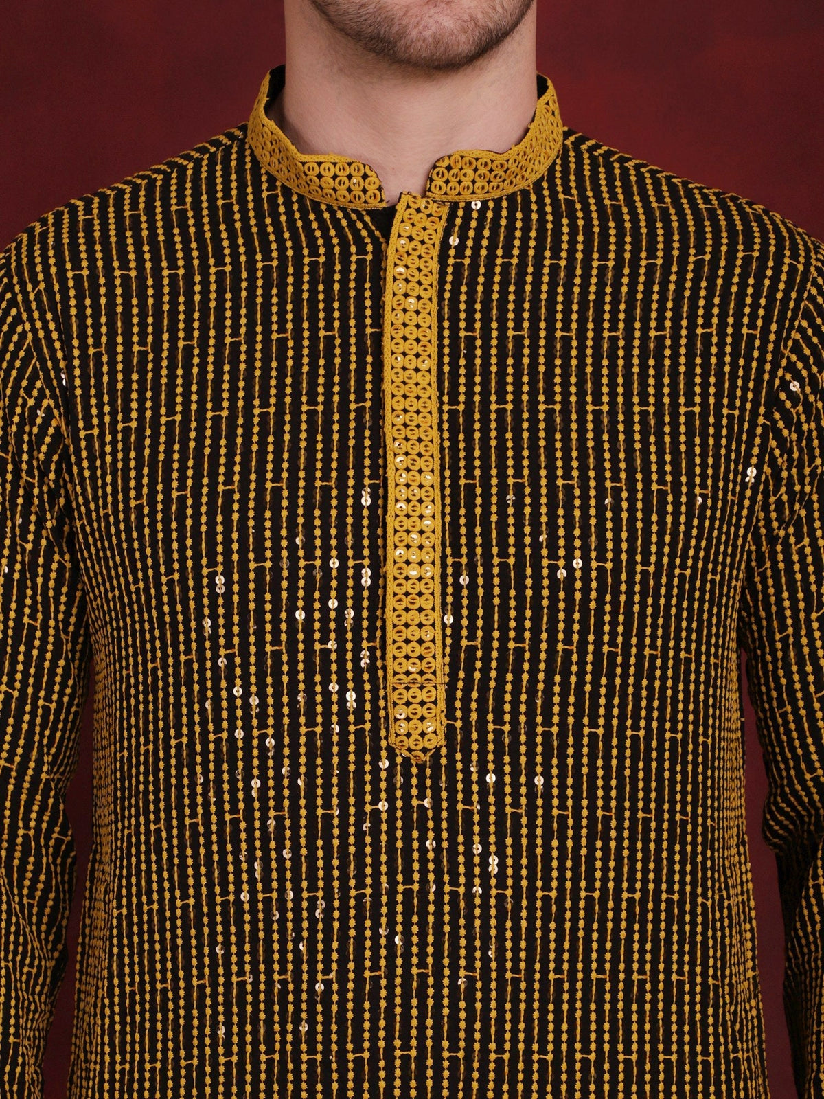 Jompers Men's Sequins Chikankari Embroidered Kurta with Pyjama - Yellow | Grocsy