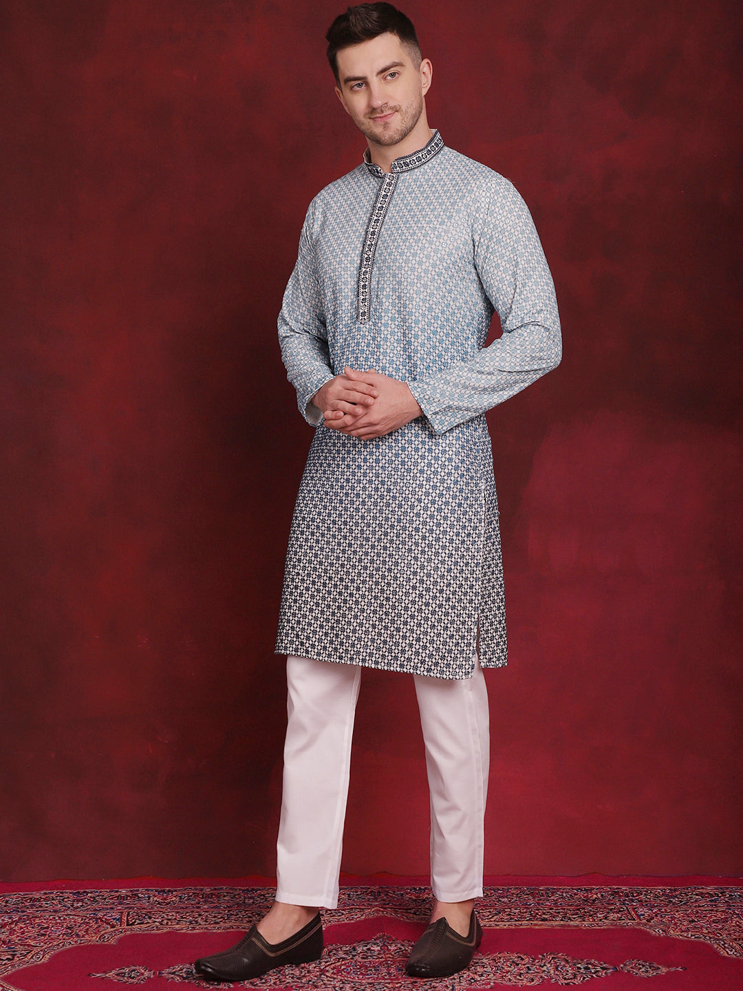 Jompers Men's Sequins Embroidered Kurta with Pyjama - Blue | Grocsy
