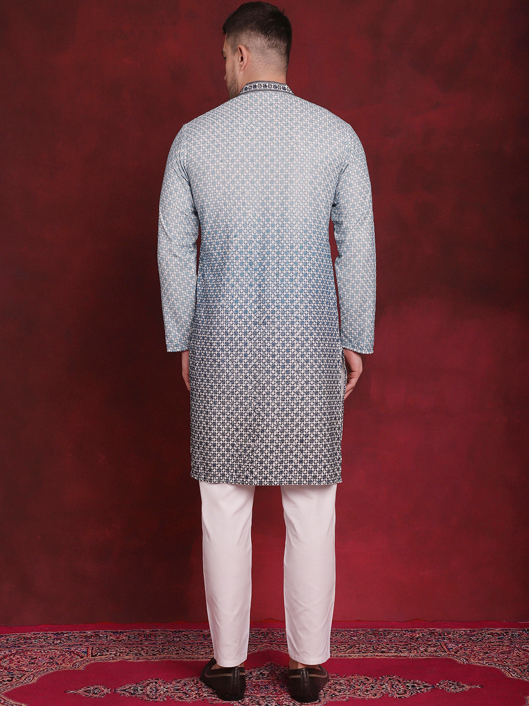 Jompers Men's Sequins Embroidered Kurta with Pyjama - Blue | Grocsy