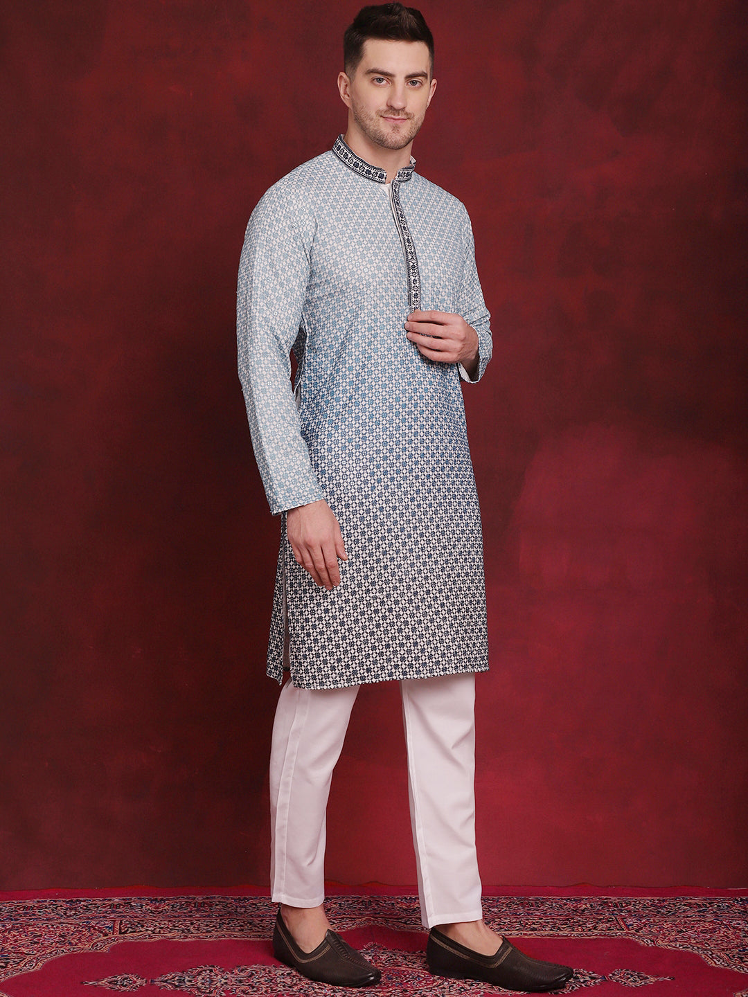 Jompers Men's Sequins Embroidered Kurta with Pyjama - Blue | Grocsy
