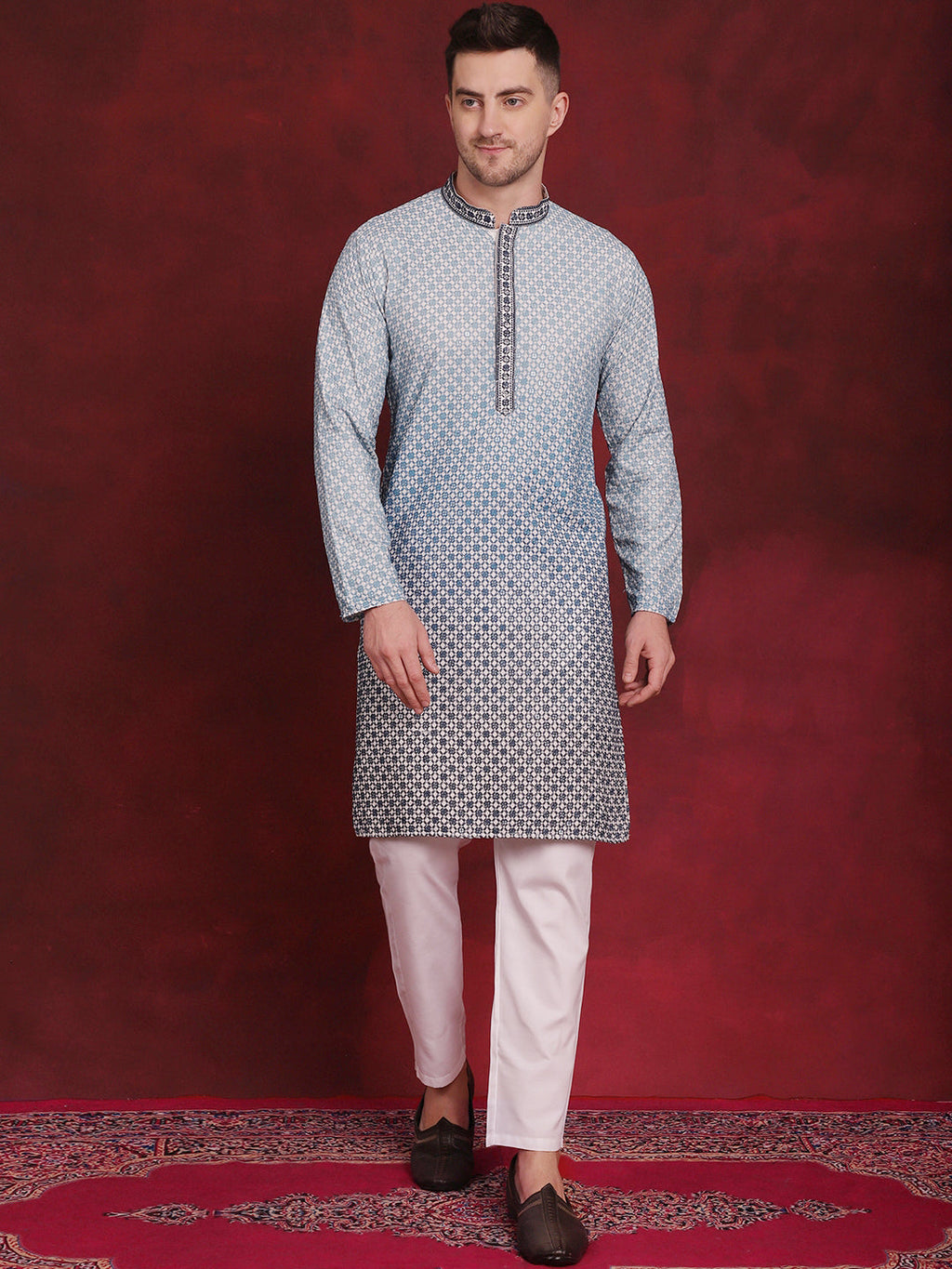 Jompers Men's Sequins Embroidered Kurta with Pyjama - Blue | Grocsy