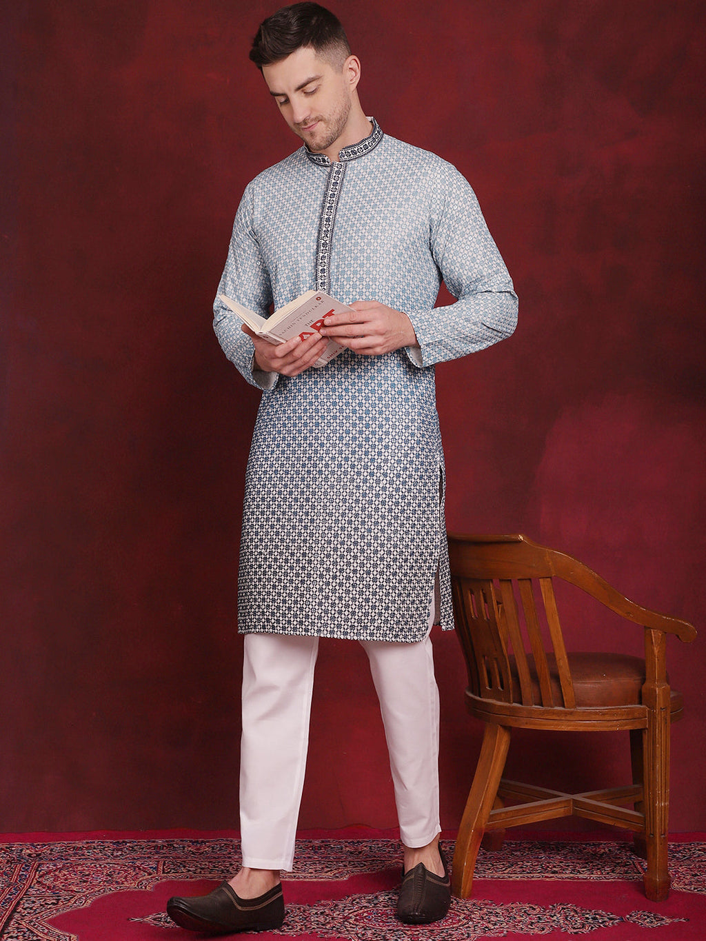Jompers Men's Sequins Embroidered Kurta with Pyjama - Blue | Grocsy