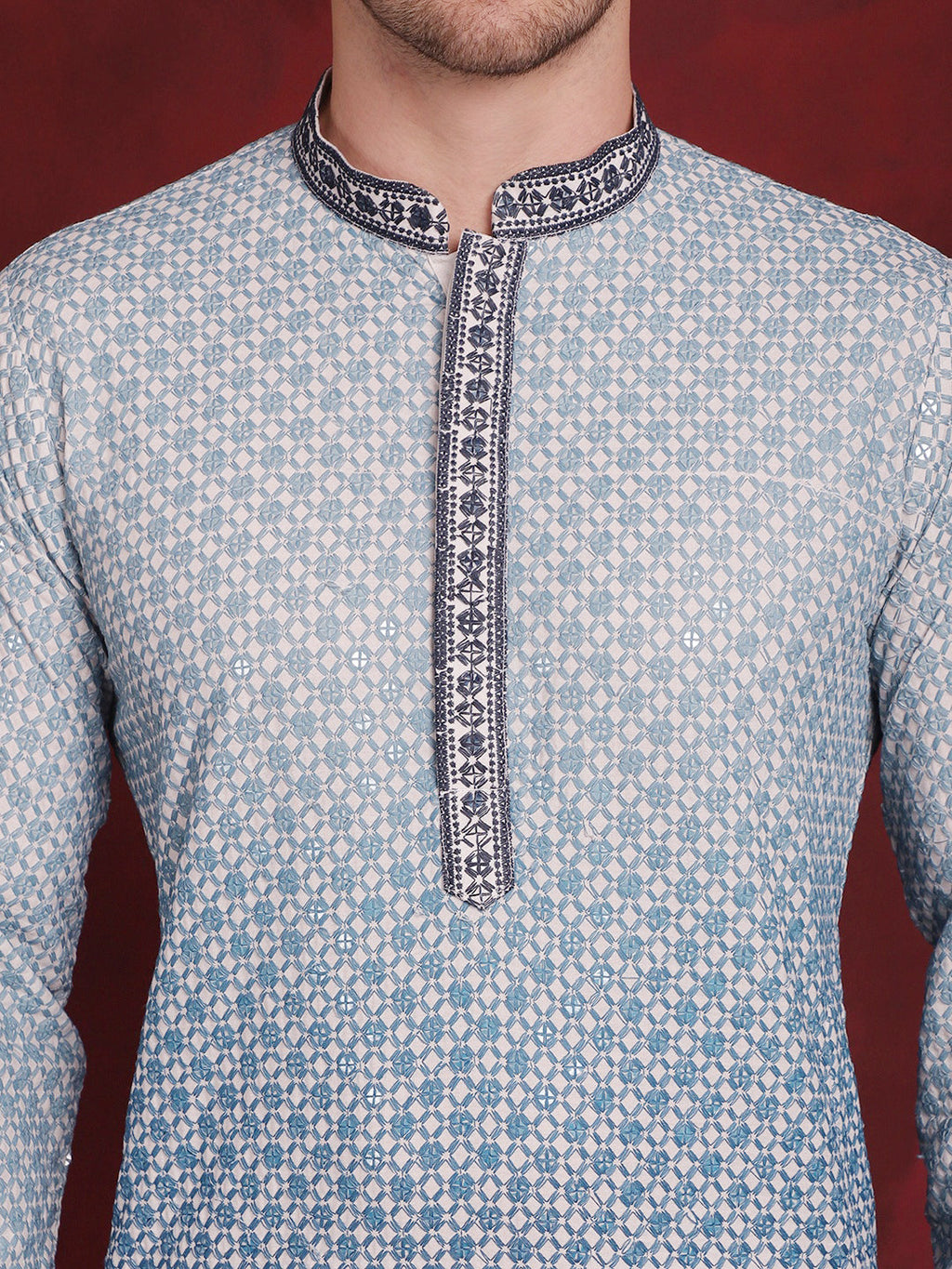 Jompers Men's Sequins Embroidered Kurta with Pyjama - Blue | Grocsy