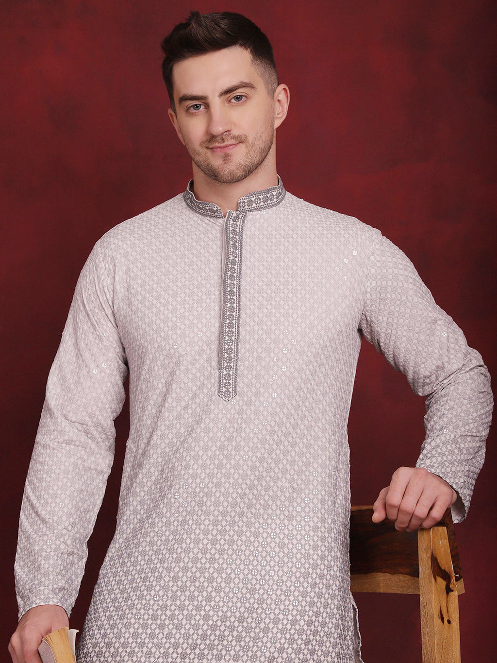 Jompers Men's Sequins Embroidered Kurta with Pyjama - Grey | Grocsy