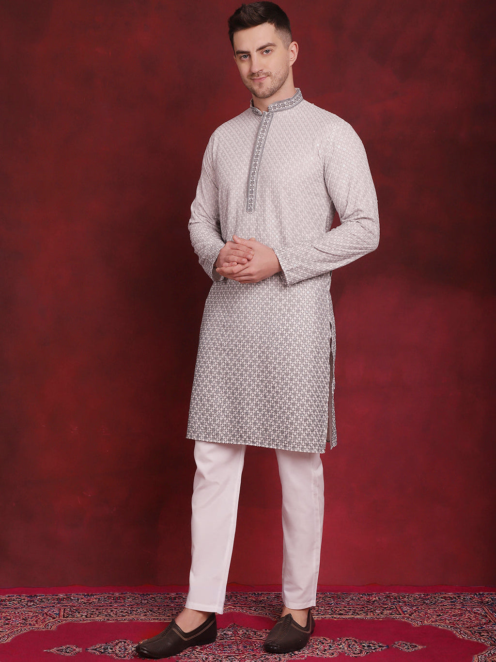 Jompers Men's Sequins Embroidered Kurta with Pyjama - Grey | Grocsy