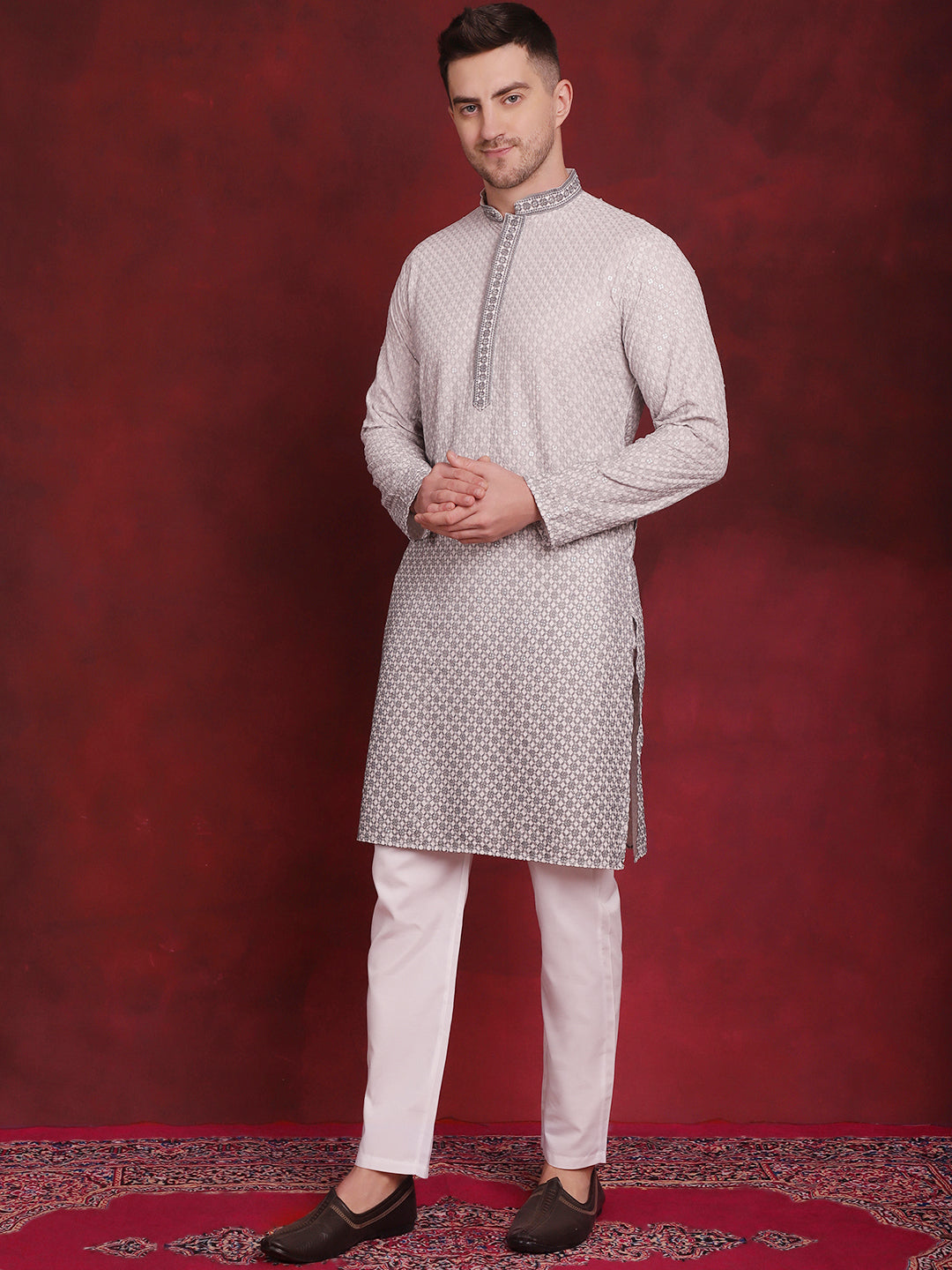 Jompers Men's Sequins Embroidered Kurta with Pyjama - Grey | Grocsy