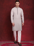 Jompers Men's Sequins Embroidered Kurta with Pyjama - Grey | Grocsy