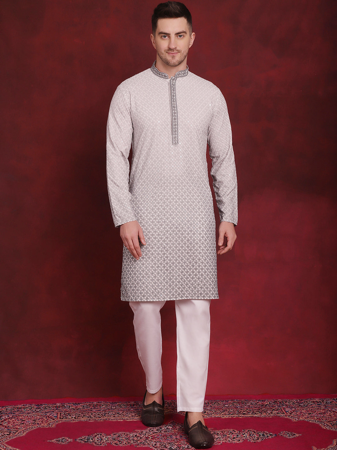 Jompers Men's Sequins Embroidered Kurta with Pyjama - Grey | Grocsy
