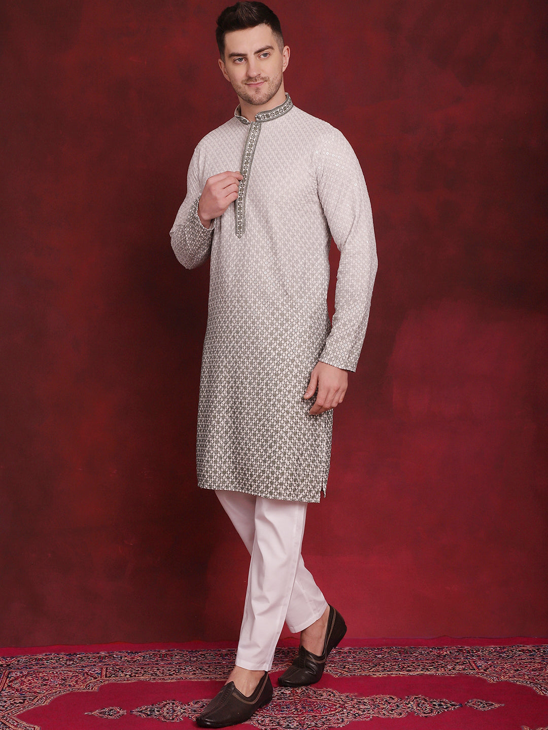 Jompers Men's Sequins Embroidered Kurta with Pyjama - Pista | Grocsy
