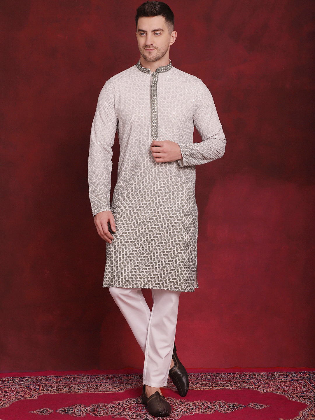 Jompers Men's Sequins Embroidered Kurta with Pyjama - Pista | Grocsy