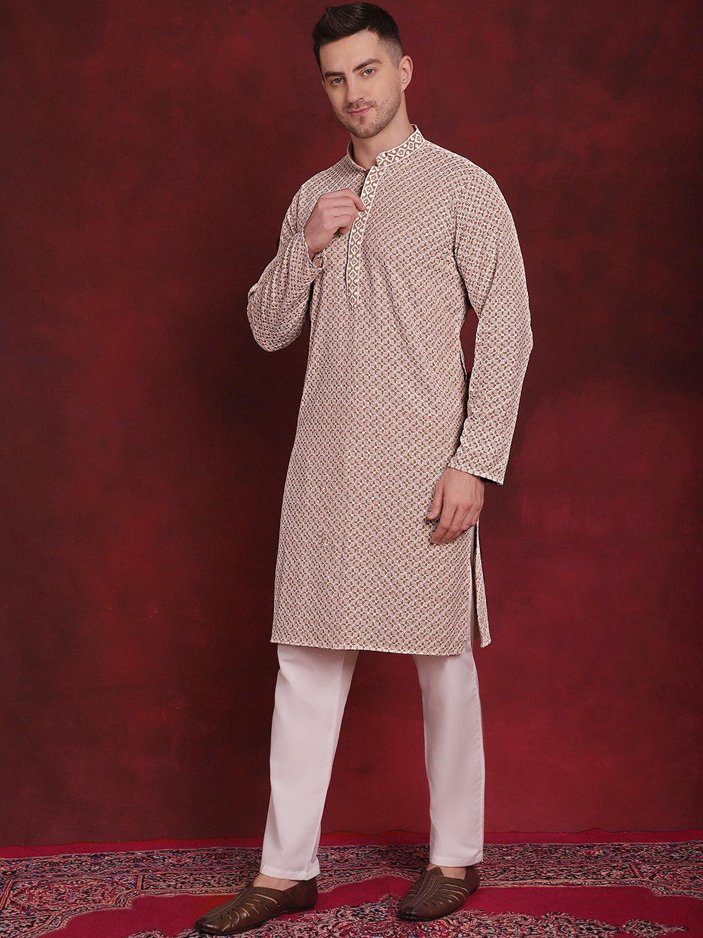 Jompers Men's Sequin Embroidered Pure Cotton Kurta with Pyjamas - Beige | Grocsy