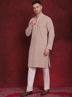 Jompers Men's Sequin Embroidered Pure Cotton Kurta with Pyjamas - Beige | Grocsy