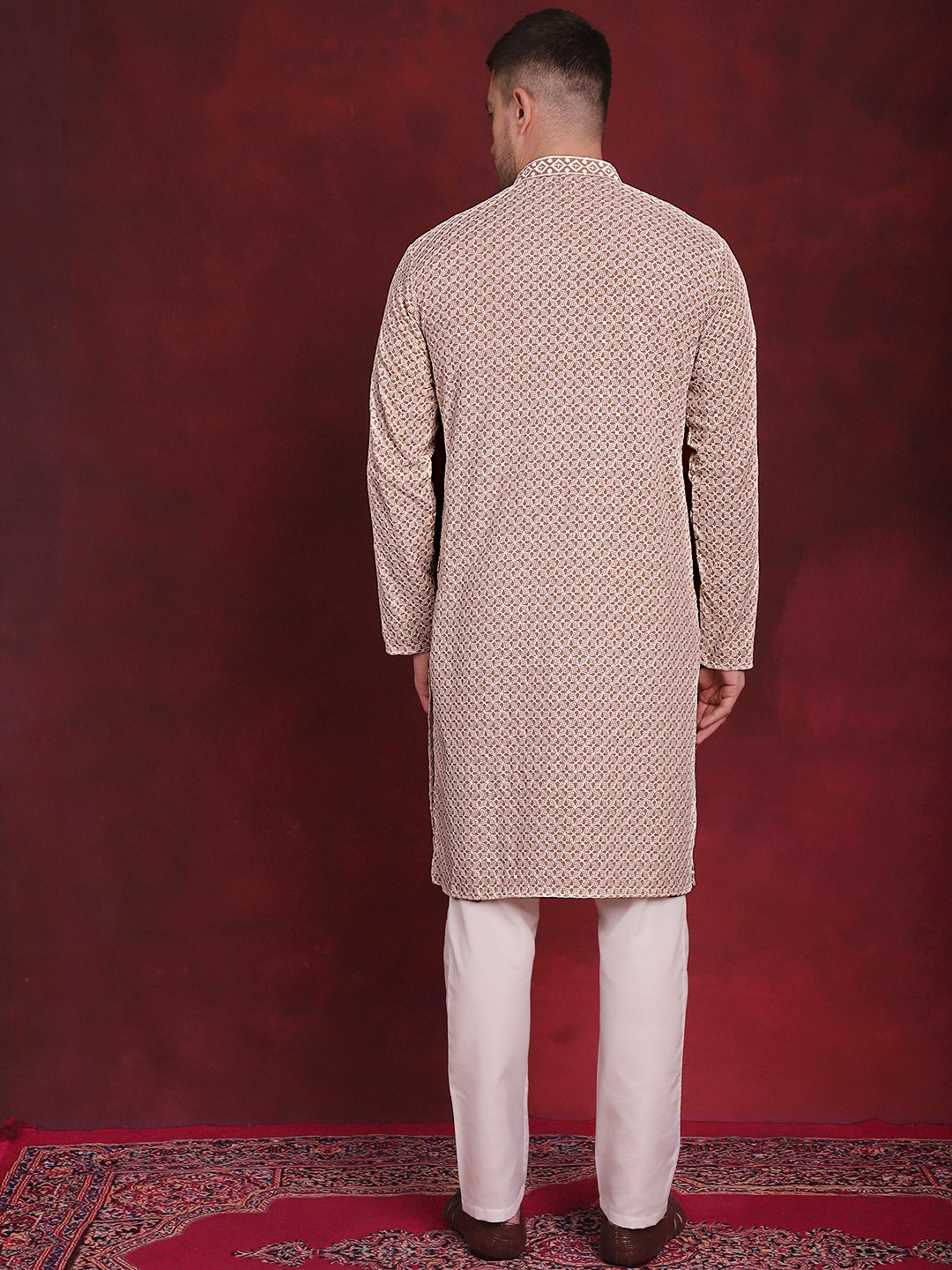 Jompers Men's Sequin Embroidered Pure Cotton Kurta with Pyjamas - Beige | Grocsy