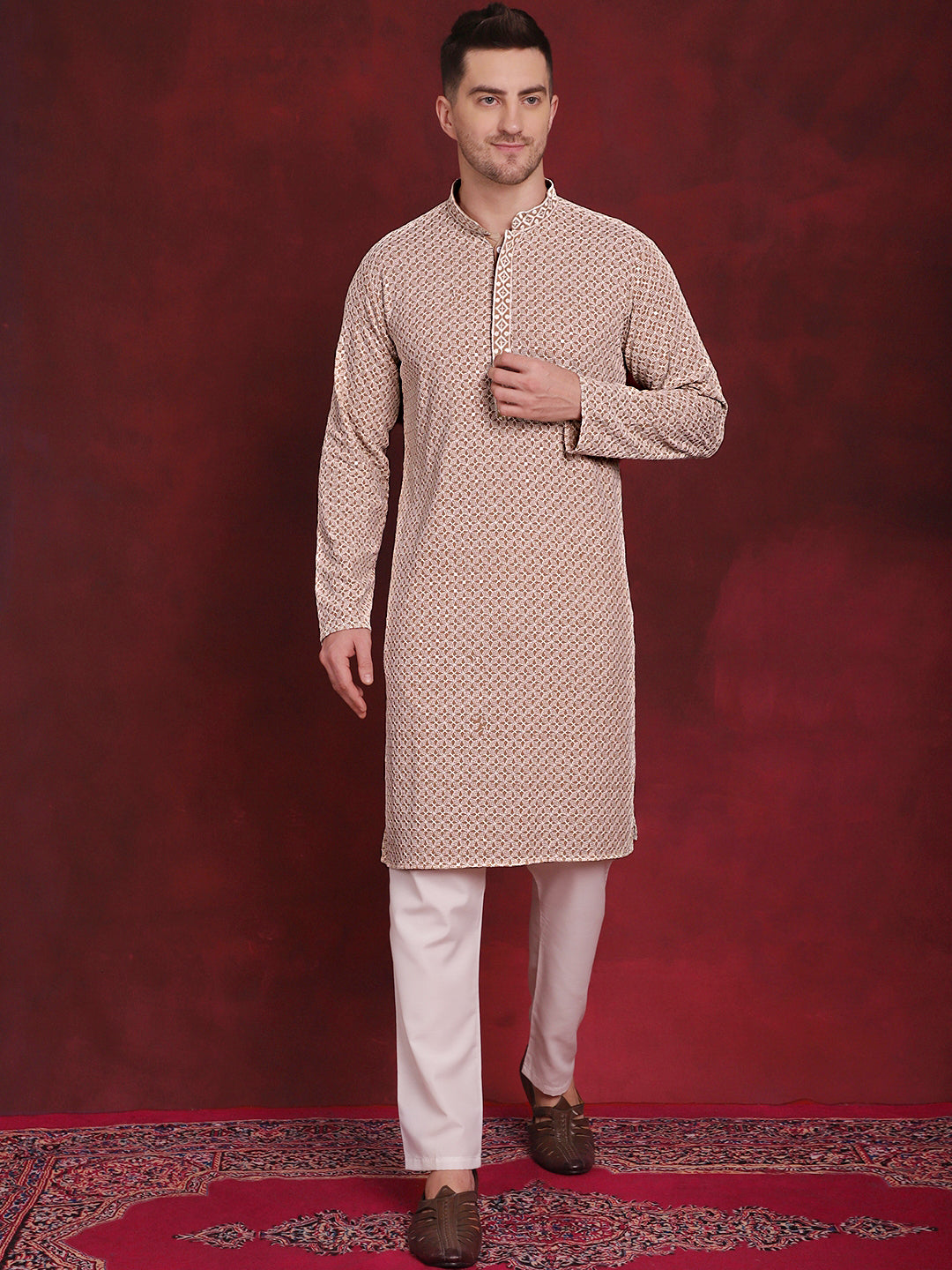 Jompers Men's Sequin Embroidered Pure Cotton Kurta with Pyjamas - Beige | Grocsy