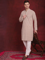 Jompers Men's Sequin Embroidered Pure Cotton Kurta with Pyjamas - Beige | Grocsy