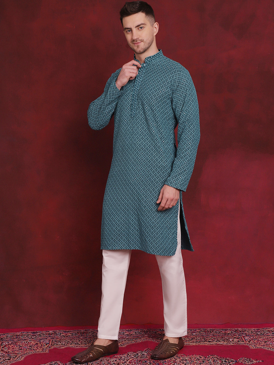 Jompers Men's Sequin Embroidered Pure Cotton Kurta with Pyjamas - Blue | Grocsy