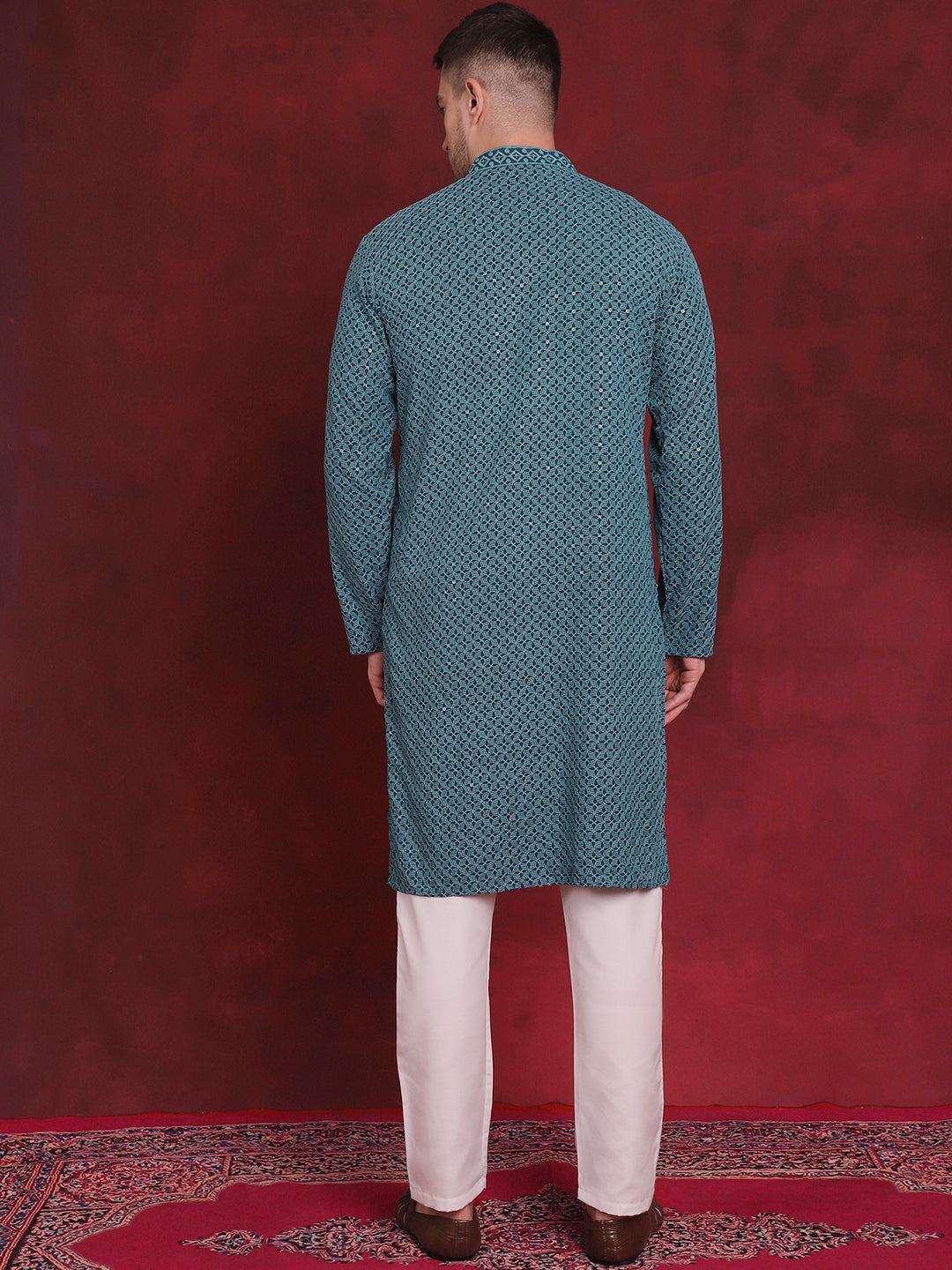 Jompers Men's Sequin Embroidered Pure Cotton Kurta with Pyjamas - Blue | Grocsy