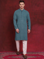 Jompers Men's Sequin Embroidered Pure Cotton Kurta with Pyjamas - Blue | Grocsy