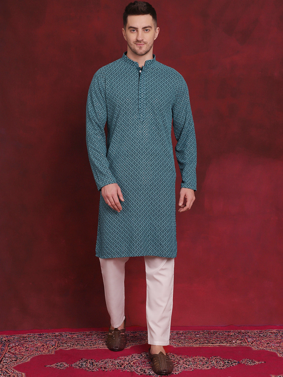 Jompers Men's Sequin Embroidered Pure Cotton Kurta with Pyjamas - Blue | Grocsy