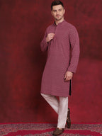Jompers Men's Sequin Embroidered Pure Cotton Kurta with Pyjamas - Magenta | Grocsy