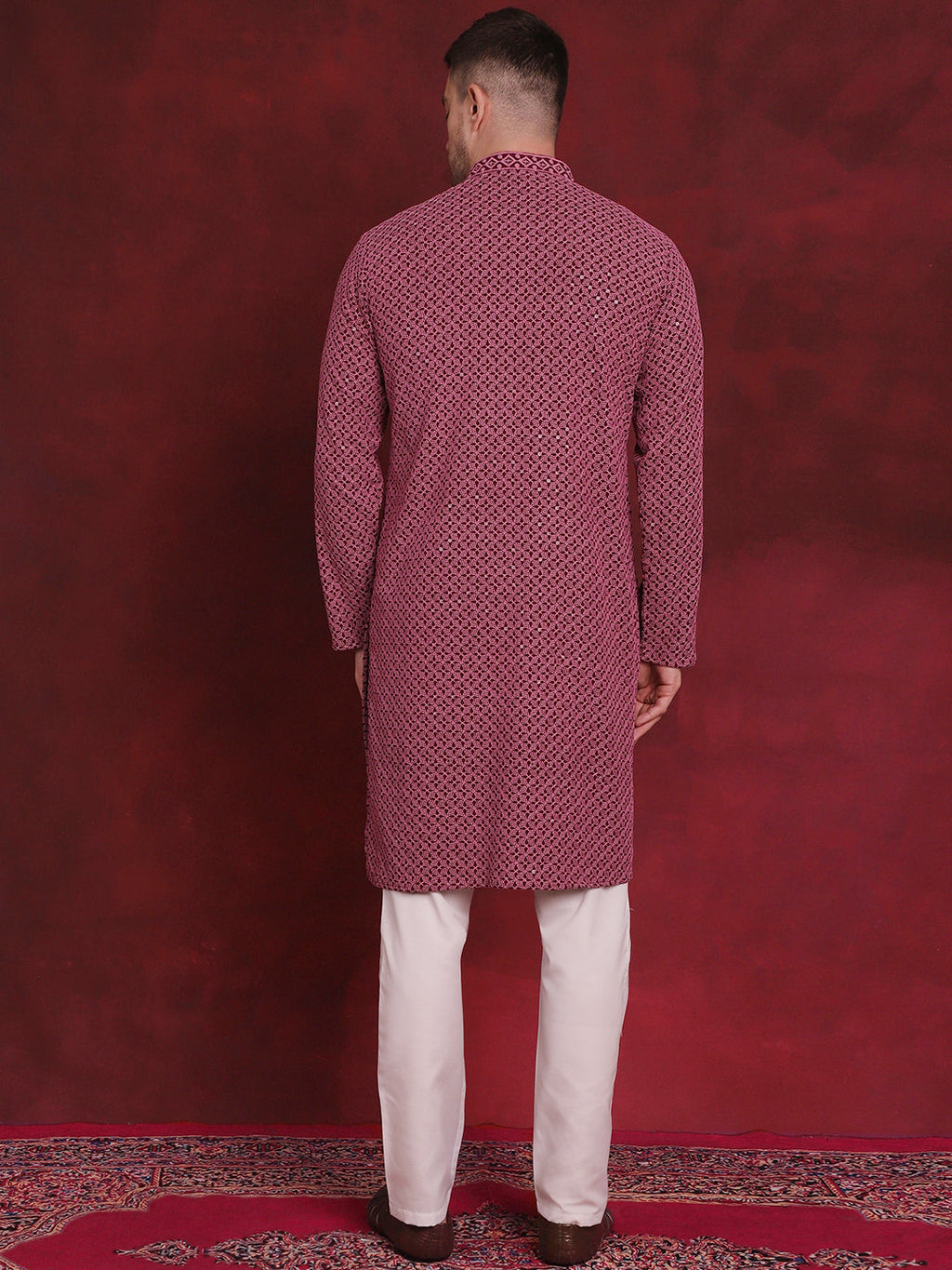 Jompers Men's Sequin Embroidered Pure Cotton Kurta with Pyjamas - Magenta | Grocsy