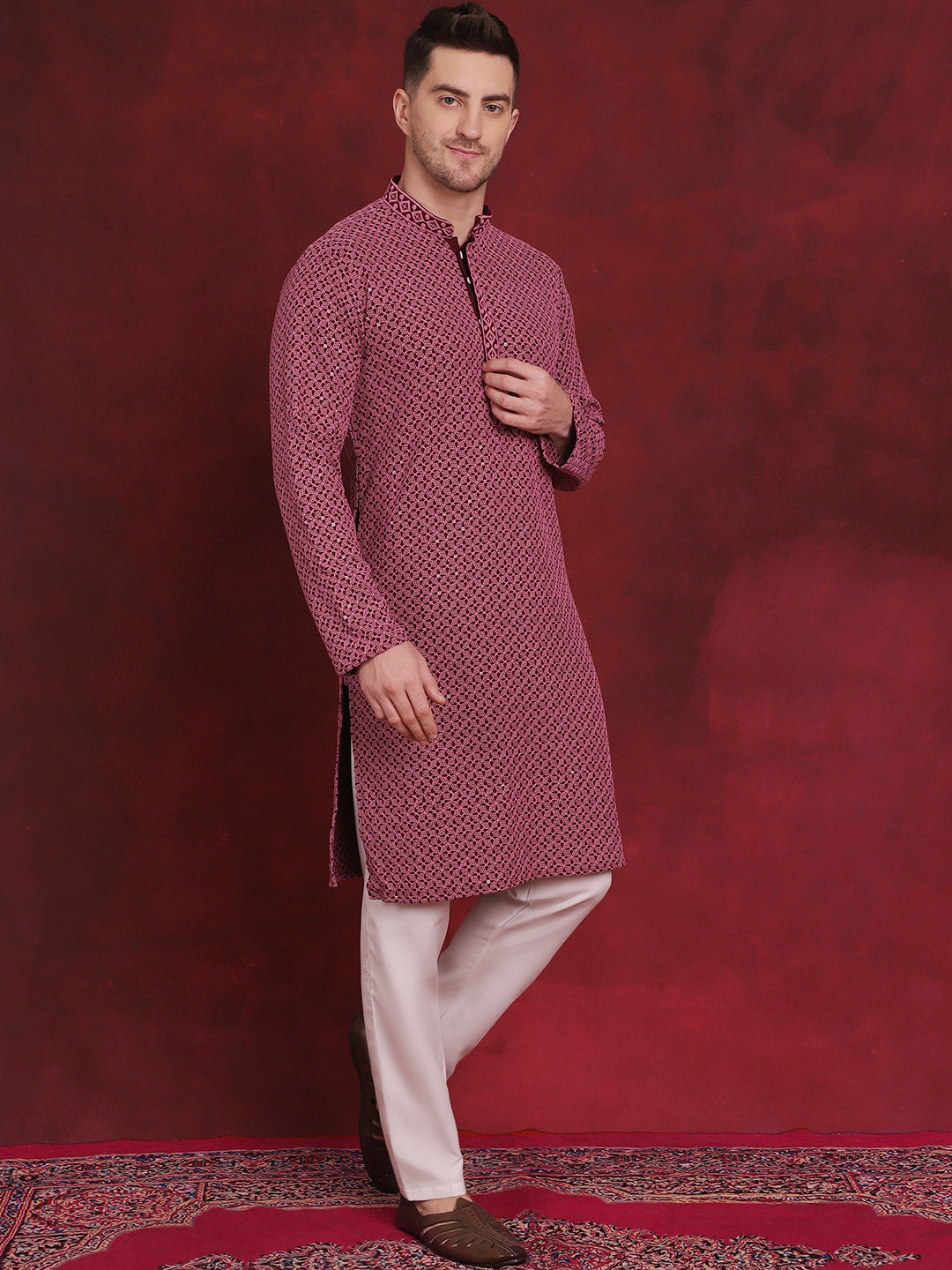 Jompers Men's Sequin Embroidered Pure Cotton Kurta with Pyjamas - Magenta | Grocsy