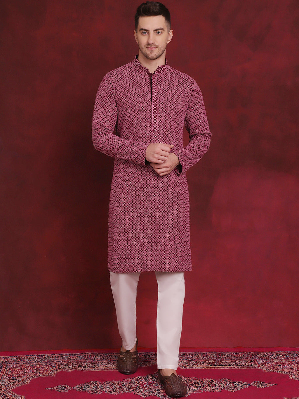 Jompers Men's Sequin Embroidered Pure Cotton Kurta with Pyjamas - Magenta | Grocsy