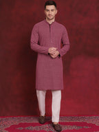 Jompers Men's Sequin Embroidered Pure Cotton Kurta with Pyjamas - Magenta | Grocsy