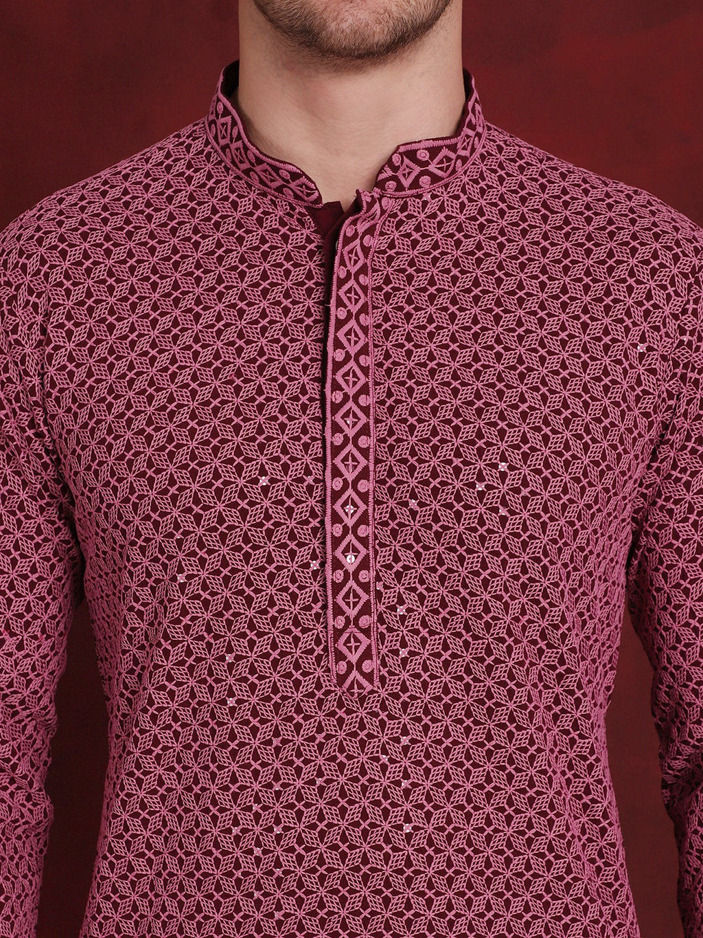 Jompers Men's Sequin Embroidered Pure Cotton Kurta with Pyjamas - Magenta | Grocsy